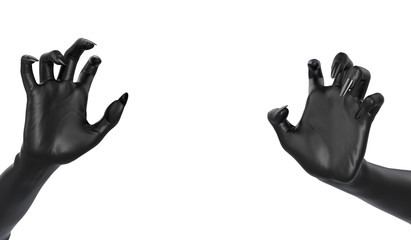 Grabbing scary clawed hand, black frightening zombie hand first-person view isolated on white, Halloween horror concept. 3d rendering