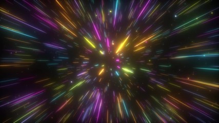 Poster - Cosmic hyperspace background. Speed of light, neon glowing abstract rays and stars in motion. Moving through stars. Seamless loop 4k animation