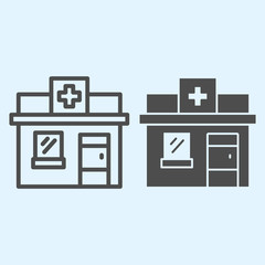 Poster - Pharmacy shop line and solid icon. Private drugstore with cross on signboard. Health care vector design concept, outline style pictogram on white background, use for web and app. Eps 10.