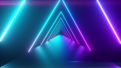 Wall Mural - Flying through glowing rotating neon triangles creating a tunnel, blue purple pink violet spectrum, fluorescent ultraviolet light, modern colorful lighting, 4k seamless loop animation