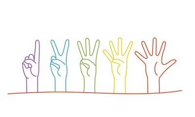 Hands showing different numbers. Count on fingers. Gesture. One, two, three, four, five. Hand drawn vector illustration.