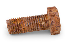 Rusty Bolt Closeup On A White Background. Isolated On White Background With Natural Shadow. With Clipping Path. Rusty Screw On White Bg. With Vector Path. Macro Photography. Closeup Shot.
