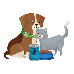 Poster - cute cat and dog with food isolated icon