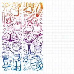 Back to School. Vector pattern with icons and children.