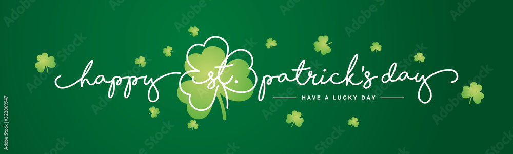 Happy St Patrick's Day handwritten typography lettering line design with clovers green background banner - obrazy, fototapety, plakaty 
