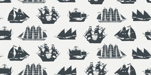 Vector Seamless Pattern On The Theme Of Nautical Travel, Adventure And Discovery With Silhouettes Of Various Sailing Ships In Retro Style. Suitable For Background, Wallpaper, Wrapping Paper, Fabric