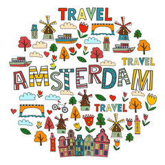  Vector pattern with Holland, Netherlands, Amsterdam icons. Doodle style.