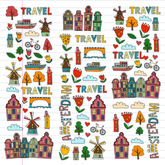  Vector pattern with Holland, Netherlands, Amsterdam icons. Doodle style.
