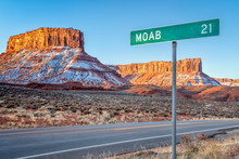 Moab 21 Miles Road Sign Near Casttle Valley In Utah