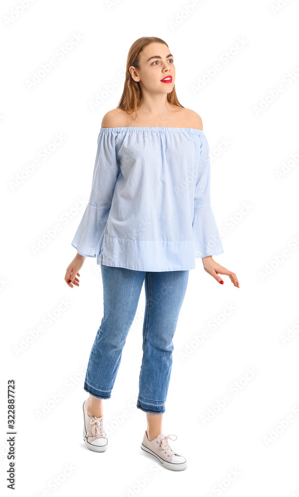 Beautiful young woman on white background