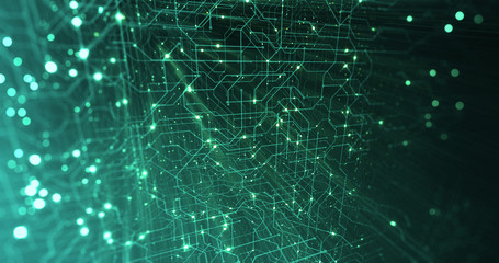 Poster - Abstract digital city. Digital Circuit board, Motherboard, Digital chip. Digitalization of Information: IT, IOT, Server, Data Center. Animated Visualization of Network Data. 3D render