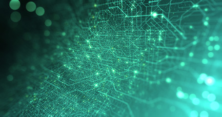 Poster - Abstract digital city. Digital Circuit board, Motherboard, Digital chip. Digitalization of Information: IT, IOT, Server, Data Center. Animated Visualization of Network Data. 3D render
