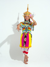 The Beautiful Woman Wearing Thai Tradition Southern Costume And Headdress On Her Head,showing Basic Pattern Folk Dance,black Shadow Reflection On White Background