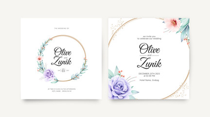 Wreath floral watercolor on wedding invitation card template