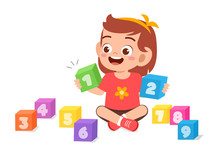 Happy Cute Little Kid Girl Play With Block Number