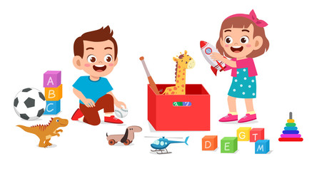 Sticker - happy cute little kid boy and girl playing with toys