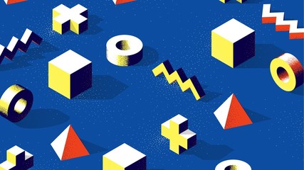 Poster - Abstract isometric 3D shapes with contrast shadows and dotwork texture on blue background