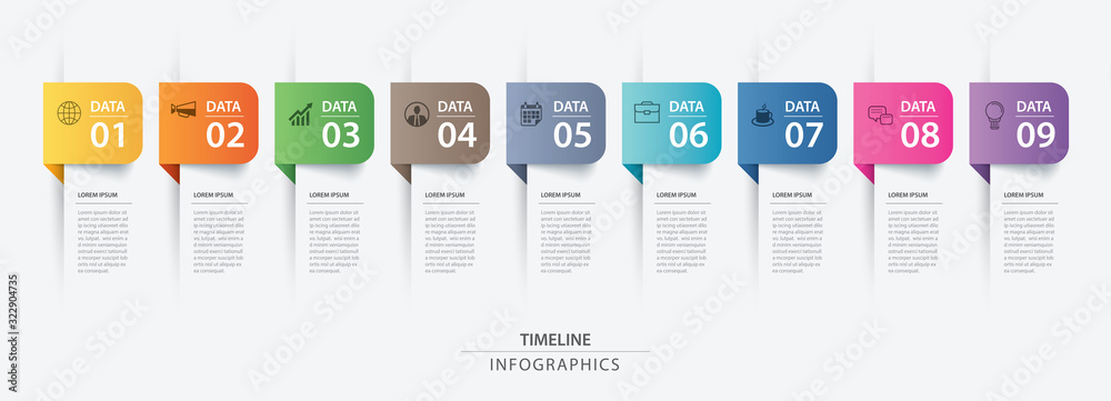 9 data infographics tab paper index template. Vector illustration abstract background. Can be used for workflow layout, business step, banner, web design. - obrazy, fototapety, plakaty 