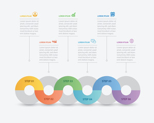 Wall Mural - 6 circle infographic with abstract timeline template. Presentation step business modern background.