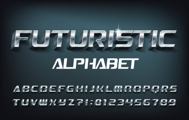 Fototapete - Futuristic alphabet font. 3D chrome letters and numbers with shadow. Stock vector for your typography design.