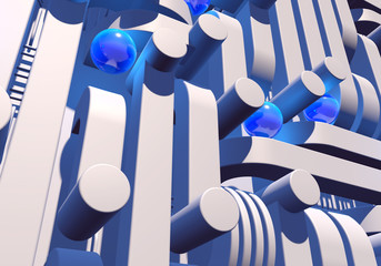 Poster - White industrial or technology abstraction with shiny blue balls and connection pipes. 3D illustration