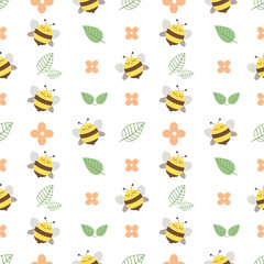 Wall Mural - The pattern of cute bee and flower and left on the white background. The character of cute bee with pink flower and green leaf flat and line. The character of cute bee in flat vector style.