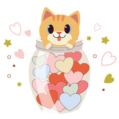 Wall Mural - The character of cute cat garps a jar with the heart on the white background. The character of cute cat sitting in the transparent jar. The character of cute cat in flat vector style.