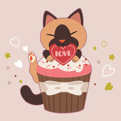 Wall Mural - The character of cute cat sitting in the cupcake on the pink background. The character of cute cat in valentine day theme. The character of cute cat in flat vector style.