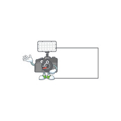 Canvas Print - Cheerful photo camera with lighting mascot style design with whiteboard