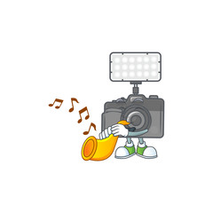 Wall Mural - cartoon character style of photo camera with lighting playing a trumpet