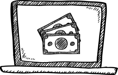 Poster - Cartoon style doodle of notebook with money on screen. Sketch style vector illustration.