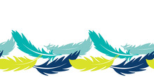 Vector Feathers, Seamless Horizontal Border. Hand Drawing, Blue, Cyan, And Yellow On A White Background