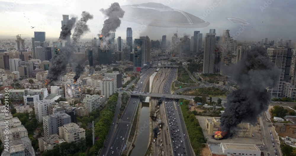Alien Invasion over Large Destroyed City Powerful Image Compositing ...