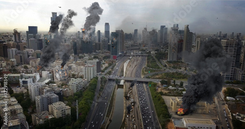 Cuadros en Lienzo Tel Aviv City Under attack in war aerial view Illustration Powerful Image Compos