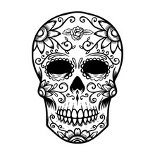 Vintage Mexican Sugar Skull Isolated On White Background. Day Of The Dead Theme. Design Element For Logo, Label, Sign, Poster.
