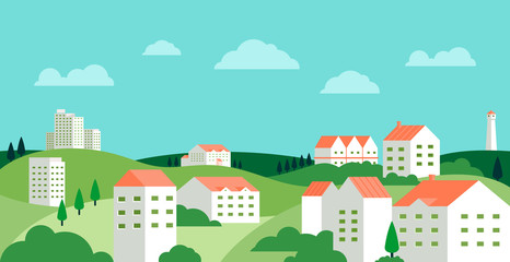 Vector illustration in simple minimal geometric flat style - city landscape with buildings, hills and trees - abstract background for header images for websites, banners, covers