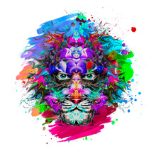 Grunge Background With Graffiti And Painted Lion 