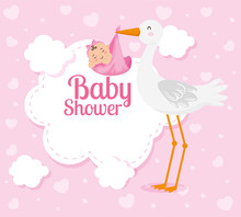 Baby Shower Card With Cute Stork And Decoration Vector Illustration Design