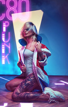 Beautiful Cyborg Woman Wearing Modern Clothes In Futuristic Nightclub. Cyberpunk Concept Art