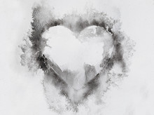 Watercolour Splashes Heart On White Paper Background.