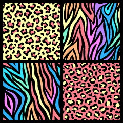 Wall Mural - Set of 4 colorful animal seamless patterns in 80s-90s style. Exotic animalistic backgrounds. Leopard, zebra, cheetah, jaguar prints.	