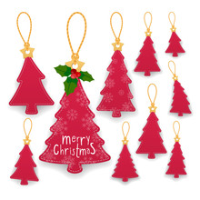 Collection Of Christmas Tree Hanging Tags With Rope. Kraft Paper Labels. Vector Illustration.