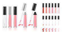 Collection Of Lipstick Tubes With Different Color Shade. Colorful Lip Gloss Smudges. Makeup Cosmetic Product Package. Vector Illustration.