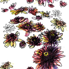 Wall Mural - Seamless pattern with chrysanthemums. Drops of paint, watercolor paint. Stylish botanical background. Multicolored flowers, drawing by hand.