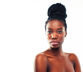 young pretty african american woman with natural makeup taking care of her skin isolated on white background