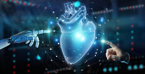 Leinwandbilder - Robot hand using digital x-ray of human heart holographic scan projection 3D rendering