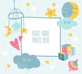 blue baby photo frame with cloud, star, toys and dots. scandinavian style.