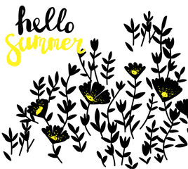 Wall Mural - Hello summer! Sweet card with flowers. Drawing by hand, children's drawing.