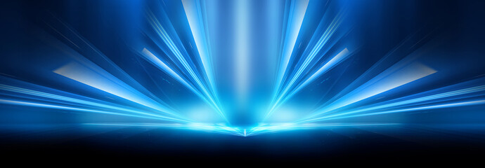 Wall Mural - Abstract blue furutic background. Rays and lines, symmetrical reflection, blue neon. Abstract empty scene with beams and light of spotlights.