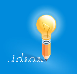 Wall Mural - light bulb on pencil writing ideas text. Vector illustrations.